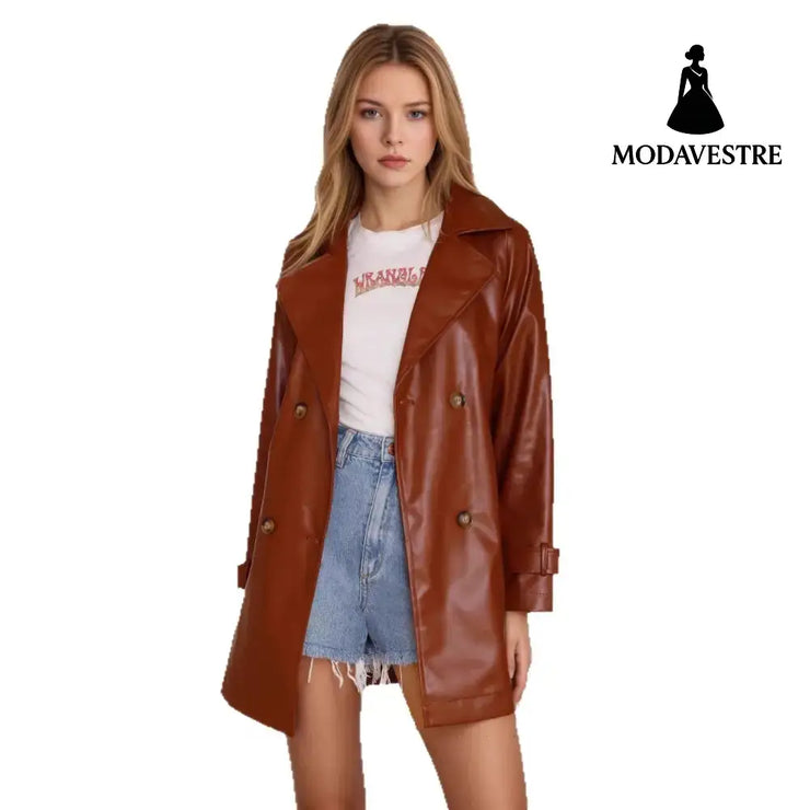 Fashion Slim Mid-length Women’s Leather Coat Coat