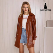 Fashion Slim Mid-length Women’s Leather Coat Red Coffee Color / L Coat