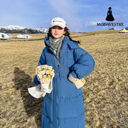 Fashion Style Cotton Zipper Hooded Long Length Women’s Coat Blue / M