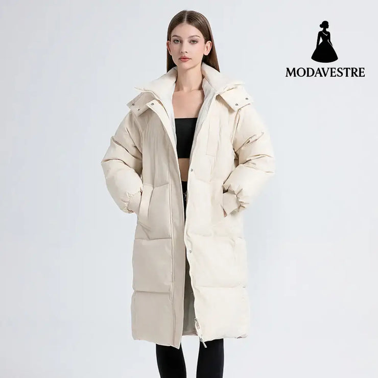Fashion Style Cotton Zipper Hooded Long Length Women’s Coat Off-white / M