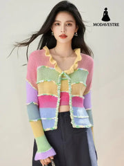Fashion Style of Clothing Colorful Stripe Mohair Knit Cardigan Women’s New Unique Sweet Short Stylish Top