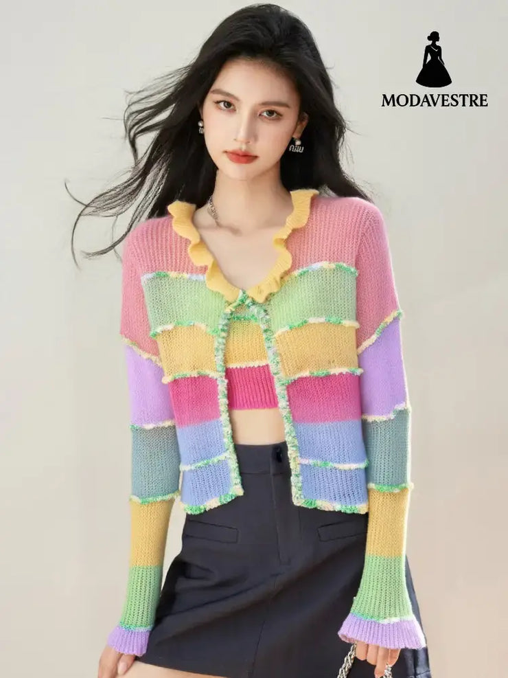 Fashion Style of Clothing Colorful Stripe Mohair Knit Cardigan Women’s New Unique Sweet Short Stylish Top