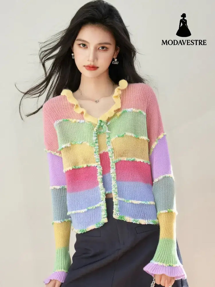 Fashion Style of Clothing Colorful Stripe Mohair Knit Cardigan Women’s New Unique Sweet Short Stylish Top