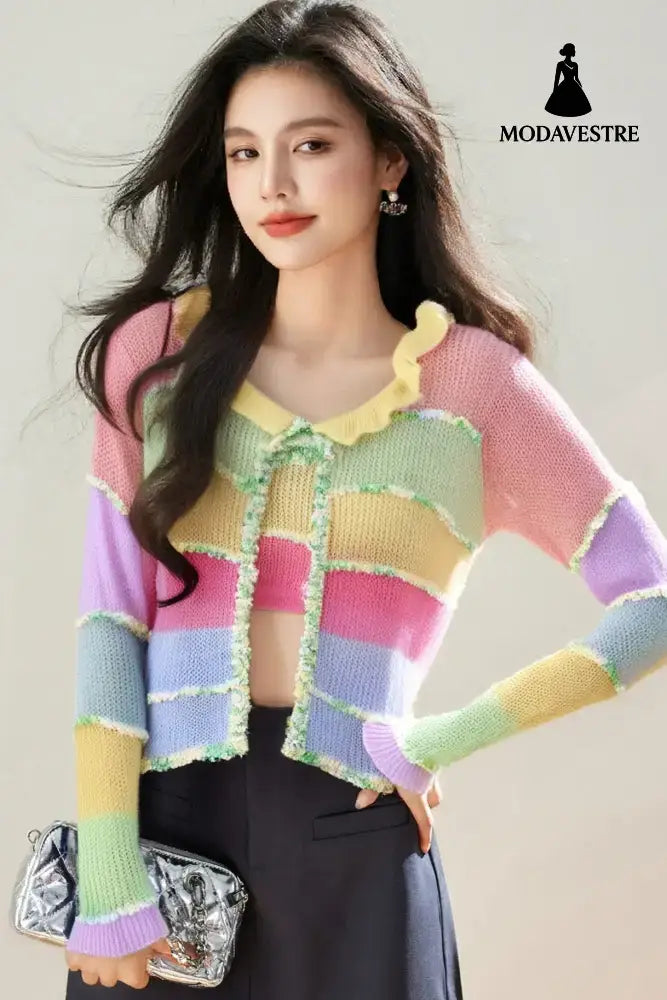 Fashion Style of Clothing Colorful Stripe Mohair Knit Cardigan Women’s New Unique Sweet Short Stylish Top