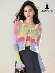 Fashion Style of Clothing Colorful Stripe Mohair Knit Cardigan Women’s New Unique Sweet Short Stylish Top Colorful / S
