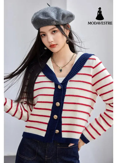 Fashion Style Type of Clothing Casual Navy Style Striped Knit Cardigan for Women Autumn Pink Stripe Sweater Top