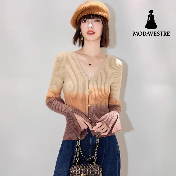 Fashion StyleNeckline of Clothing Chic Autumn New Long Sleeve V-Neck Knitwear Women’s Versatile Fitted Gradient Short
