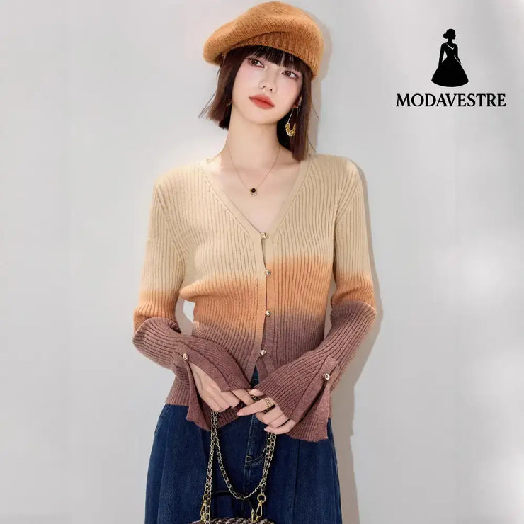 Fashion StyleNeckline of Clothing Chic Autumn New Long Sleeve V-Neck Knitwear Women’s Versatile Fitted Gradient Short