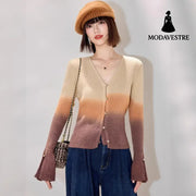 Fashion StyleNeckline of Clothing Chic Autumn New Long Sleeve V-Neck Knitwear Women’s Versatile Fitted Gradient Short