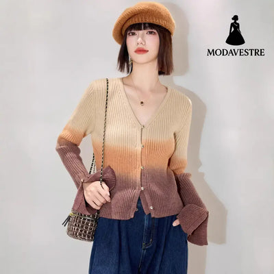 Fashion StyleNeckline of Clothing Chic Autumn New Long Sleeve V-Neck Knitwear Women’s Versatile Fitted Gradient Short