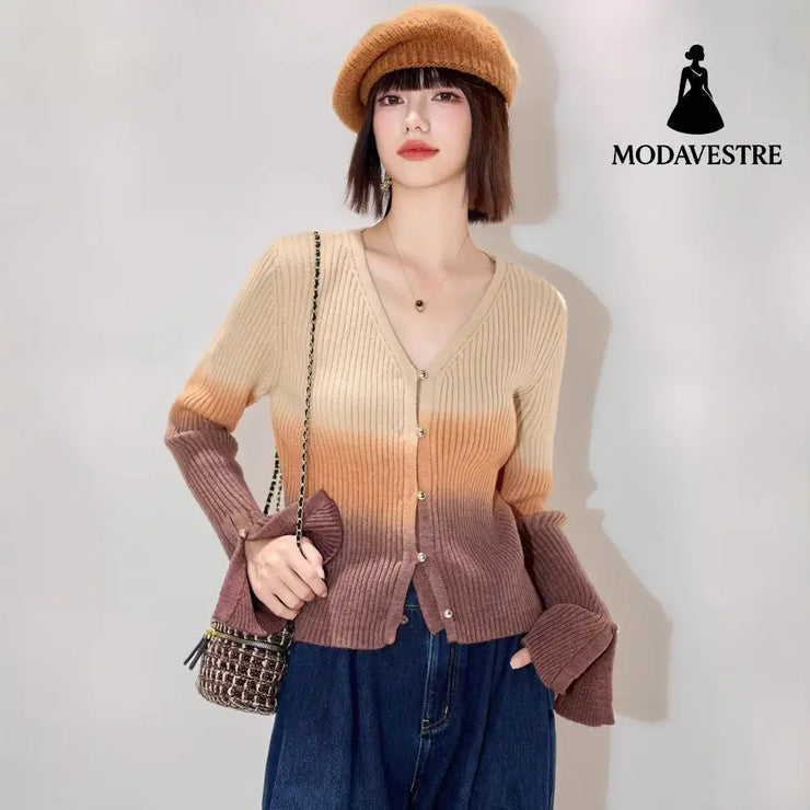 Fashion StyleNeckline of Clothing Chic Autumn New Long Sleeve V-Neck Knitwear Women’s Versatile Fitted Gradient Short