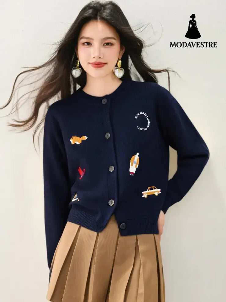 Fashion StyleSimpl Long Sleev Knit Cardigan Women’s Sweater Navy Blue / S