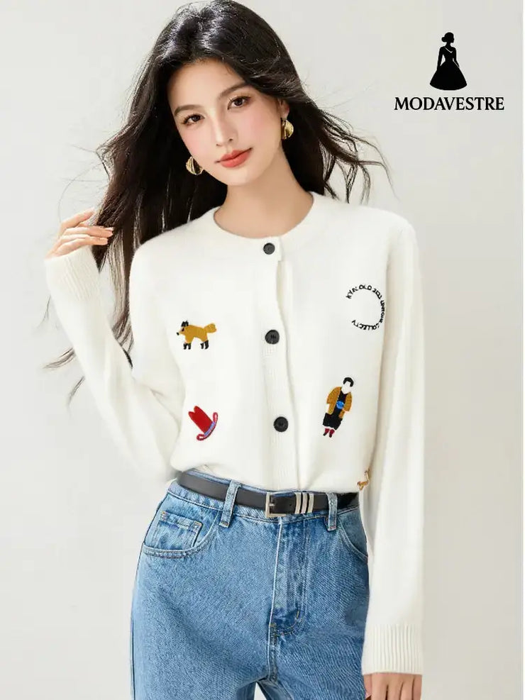 Fashion StyleSimpl Long Sleev Knit Cardigan Women’s Sweater White / S