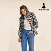 Fashion Women’s Wear Plaid Button Long Sleeve Coat Black And White Plaid / L Coat