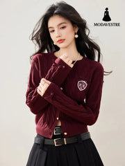Fashionable Ankle Red Knit Cardigan for Women New Year Red Sweater Top