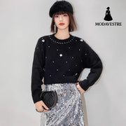 Fashionable Embroidered Beaded Soft Knit Sweater Top with Simple Casual Design Unique Regular Shoulder Oversized Knit