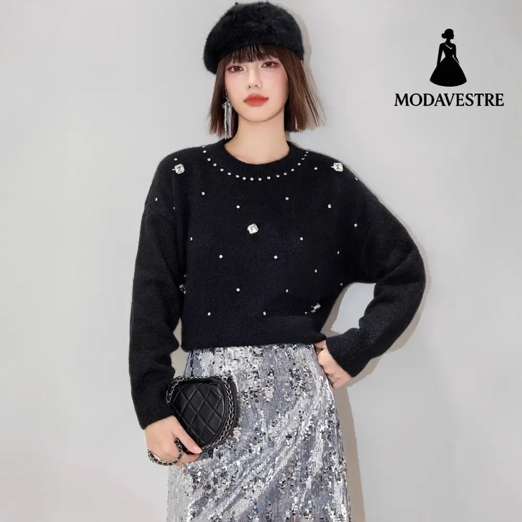 Fashionable Embroidered Beaded Soft Knit Sweater Top with Simple Casual Design Unique Regular Shoulder Oversized Knit