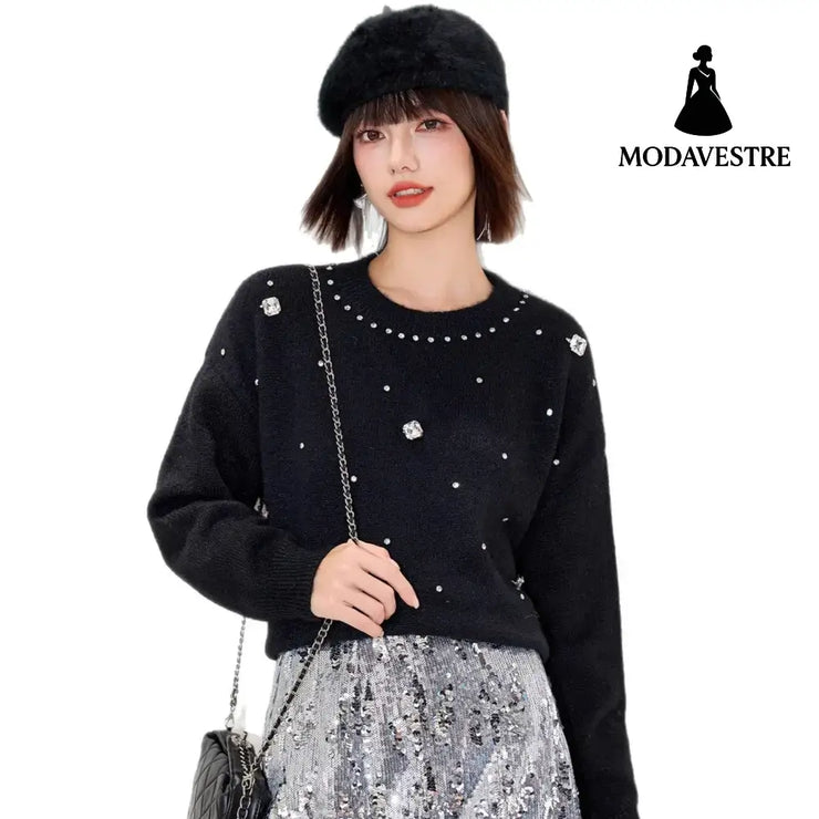 Fashionable Embroidered Beaded Soft Knit Sweater Top with Simple Casual Design Unique Regular Shoulder Oversized Knit