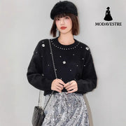 Fashionable Embroidered Beaded Soft Knit Sweater Top with Simple Casual Design Unique Regular Shoulder Oversized Knit