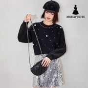 Fashionable Embroidered Beaded Soft Knit Sweater Top with Simple Casual Design Unique Regular Shoulder Oversized Knit