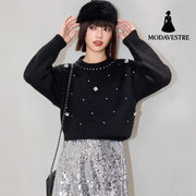Fashionable Embroidered Beaded Soft Knit Sweater Top with Simple Casual Design Unique Regular Shoulder Oversized Knit