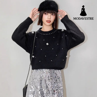 Fashionable Embroidered Beaded Soft Knit Sweater Top with Simple Casual Design Unique Regular Shoulder Oversized Knit