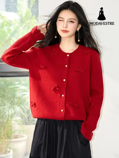 Fashionable Heavyweight Long Sleeve Knit Cardigan Versatile and Stylish Red / S