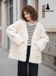 Fashionable Lamb Wool Velvet Padded Thickened Coat Beige / L Coat