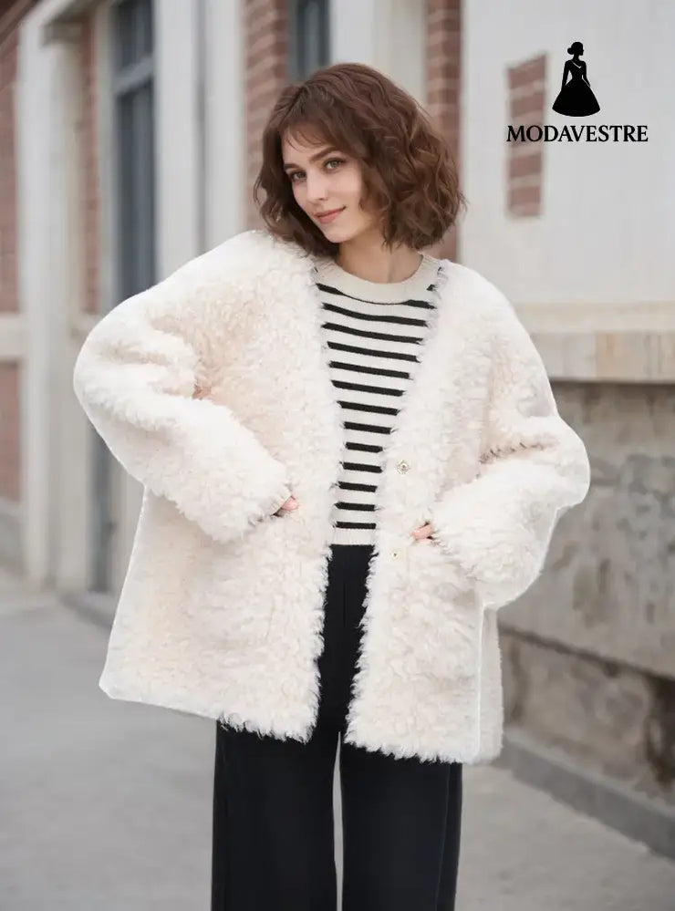 Fashionable Lamb Wool Velvet Padded Thickened Coat Beige / L Coat