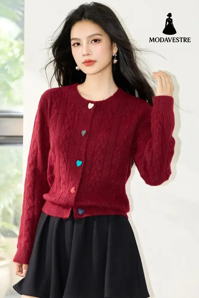 Fashionable Red Knit Cardigan with Heart Buttons Round Neck Long Sleeve Sweater