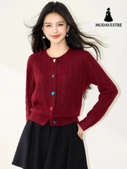 Fashionable Red Knit Cardigan with Heart Buttons Round Neck Long Sleeve Sweater