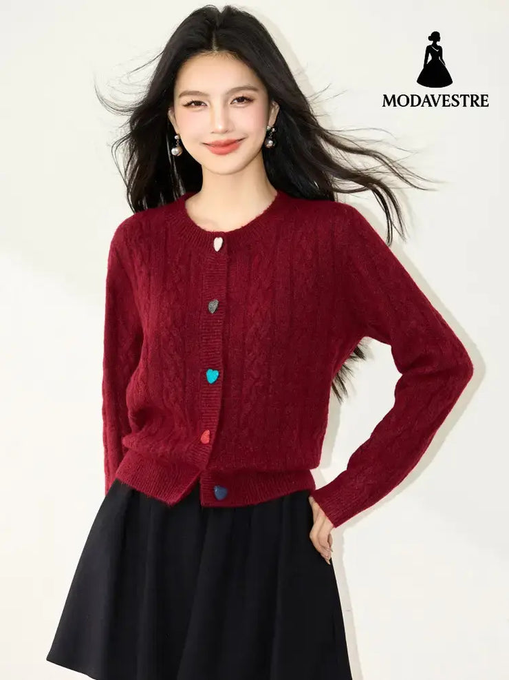 Fashionable Red Knit Cardigan with Heart Buttons Round Neck Long Sleeve Sweater