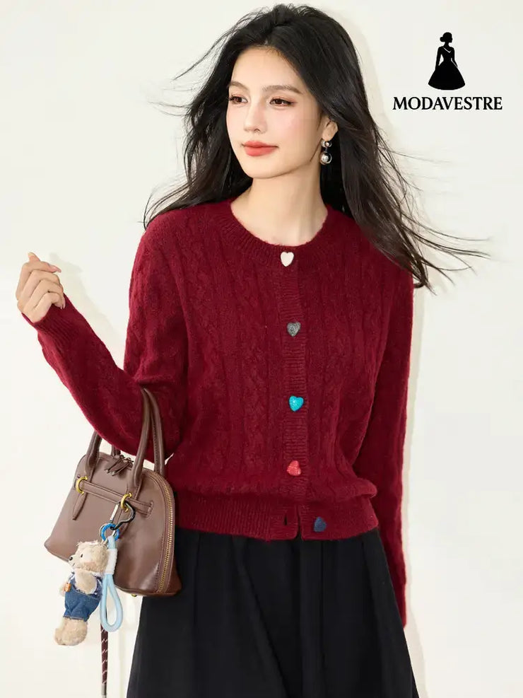 Fashionable Red Knit Cardigan with Heart Buttons Round Neck Long Sleeve Sweater