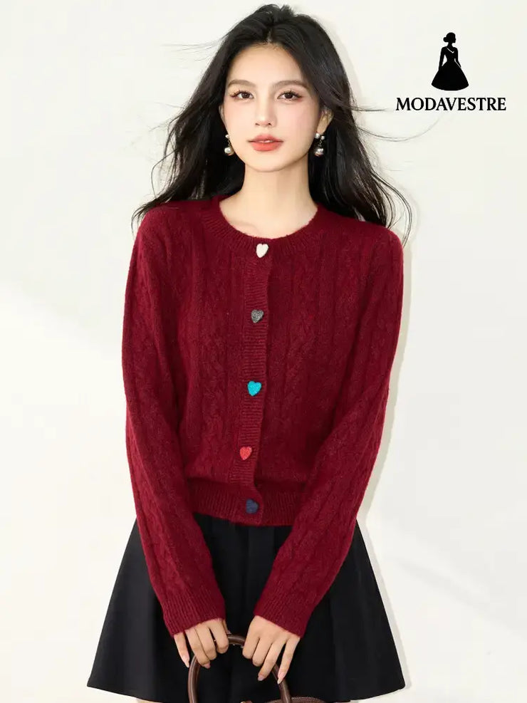 Fashionable Red Knit Cardigan with Heart Buttons Round Neck Long Sleeve Sweater