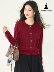 Fashionable Red Knit Cardigan with Heart Buttons Round Neck Long Sleeve Sweater Red / S