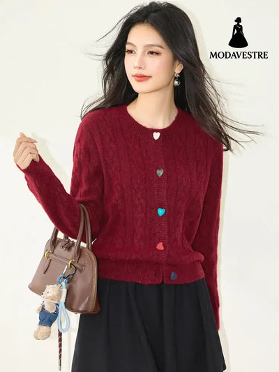 Fashionable Red Knit Cardigan with Heart Buttons Round Neck Long Sleeve Sweater Red / S