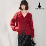 Fashionable Red Rose V-Neck Long Sleeve Knitted Sweater for Women Autumn Winter Lazy Style Design Drawstring Top