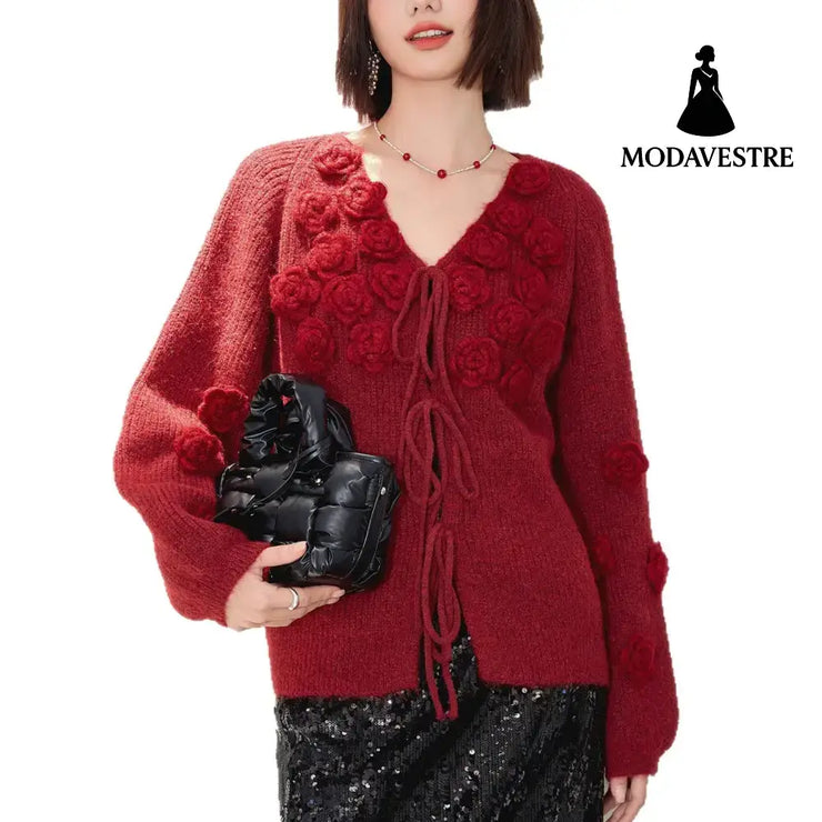 Fashionable Red Rose V-Neck Long Sleeve Knitted Sweater for Women Autumn Winter Lazy Style Design Drawstring Top