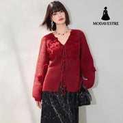 Fashionable Red Rose V-Neck Long Sleeve Knitted Sweater for Women Autumn Winter Lazy Style Design Drawstring Top