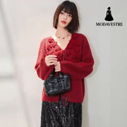 Fashionable Red Rose V-Neck Long Sleeve Knitted Sweater for Women Autumn Winter Lazy Style Design Drawstring Top