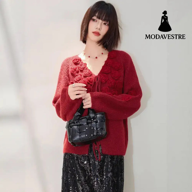 Fashionable Red Rose V-Neck Long Sleeve Knitted Sweater for Women Autumn Winter Lazy Style Design Drawstring Top