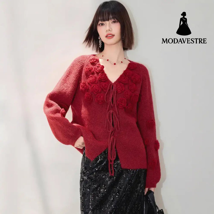 Fashionable Red Rose V-Neck Long Sleeve Knitted Sweater for Women Autumn Winter Lazy Style Design Drawstring Top Red / S