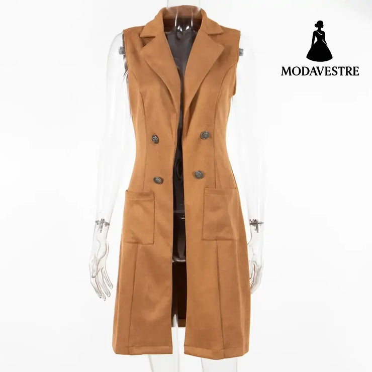 Fashionable Suede Slim-fit Retro Elegant Vest For Women Khaki / L