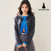 Faux Two-PieceRound Neck Knit Cardigan Coat for Women Autumn Winter Soft Short Sweater Unique Stylish Top