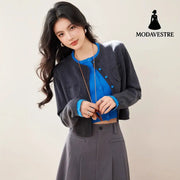 Faux Two-PieceRound Neck Knit Cardigan Coat for Women Autumn Winter Soft Short Sweater Unique Stylish Top