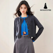 Faux Two-PieceRound Neck Knit Cardigan Coat for Women Autumn Winter Soft Short Sweater Unique Stylish Top