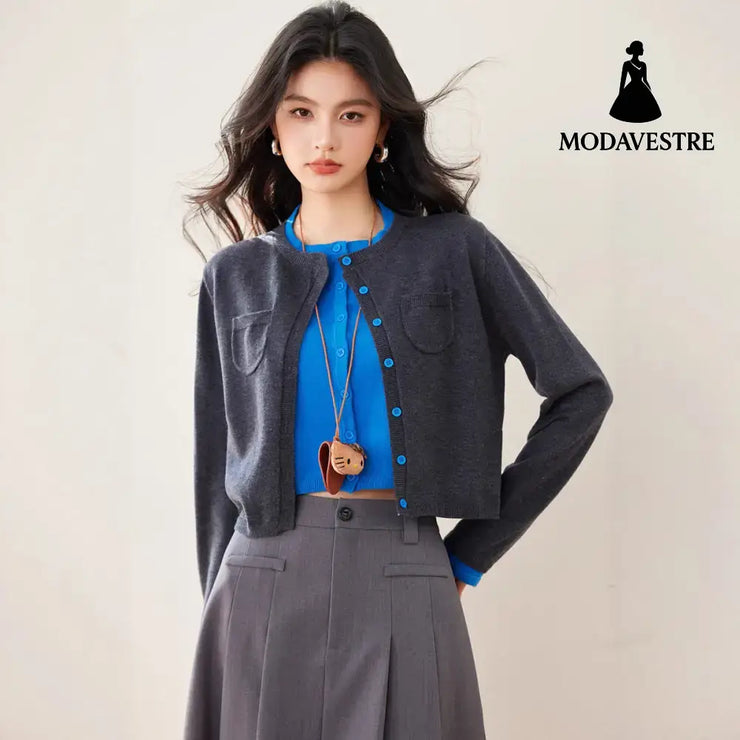 Faux Two-PieceRound Neck Knit Cardigan Coat for Women Autumn Winter Soft Short Sweater Unique Stylish Top