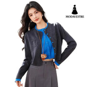 Faux Two-PieceRound Neck Knit Cardigan Coat for Women Autumn Winter Soft Short Sweater Unique Stylish Top