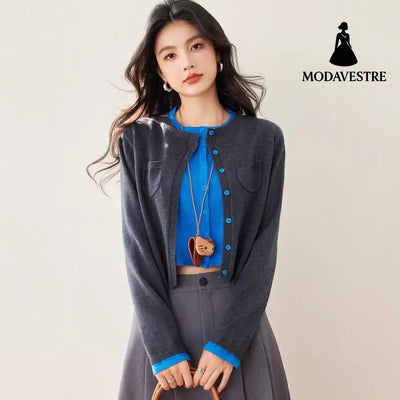 Faux Two-PieceRound Neck Knit Cardigan Coat for Women Autumn Winter Soft Short Sweater Unique Stylish Top Gray / S