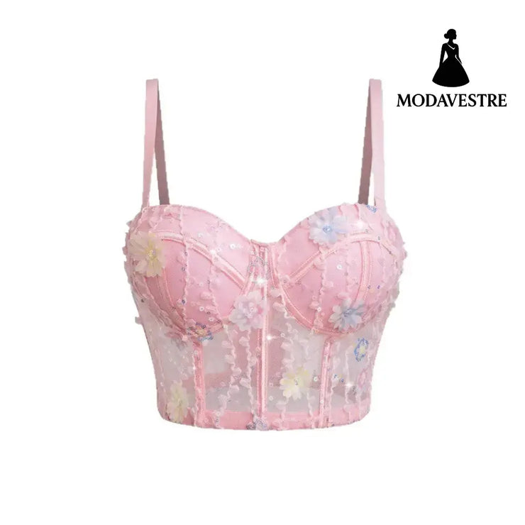Floral Embroidered Mesh Corset Top – Elegant Lace Bustier with Underwire Support